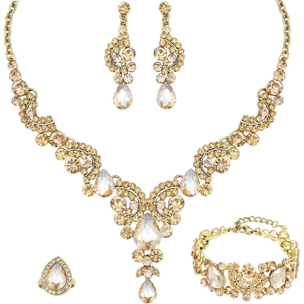Retro Jewelry Sets Women Vintage Necklace Earrings Bracelet Ring Sets Crystal An